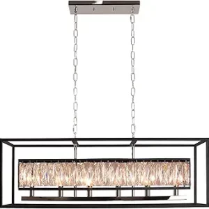 Vezzio Modern Crystal Chandelier 6-Light Black Gold Rectangle Chandelier for Dining Room Luxury Pendant Light Fixture for Kitchen Island Foyer L35''