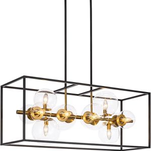 Vezzio Black and Gold Chandeliers for Dining Room, 12-Light Rectangle Chandelier Modern Linear Rectangular Pendant Light Fixtures for Kitchen Island L38