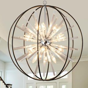 Vezzio 27" Black Crystal Sputnik Chandelie 12-Light Globe Modern Firework Ceiling Light Fixture for High Ceiling Foyer Entryway Stairway Dining Room Kitchen Island Bedroom