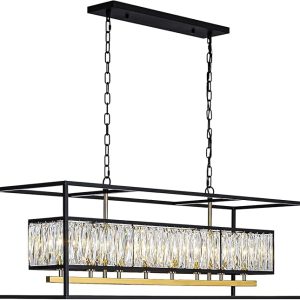 Vezzio Large Chandeliers for Dining Room Modern Black and Gold Channdelier L42 inch Crystal Ceiling Light Fixture Over Table 8 Lights Rectangle Chandelier for Kitchen Island