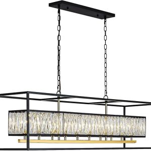Vezzio Large Rectangular Crystal Chandelier 10 Lights Modern Black Rectangle Chandelier Ceiling Hanging L50 inch Linear Pendant Ceiling Light Fixture for Dining Kitchen Island