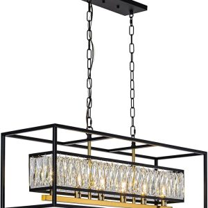 Vezzio Crystal Chandeliers for Dining Room Modern Crystal Chandelier 6-Light Rectangle Contemporary Pendant Light Fixture for Kitchen Island Bar L35 Inch