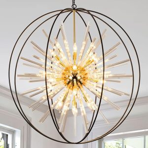 Vezzio D42 Extra Large Black and Gold Chandeliers for High Ceiling 24-Light Big Modern Globe Crystal Chandeliers for Entryway Foyer Stairway Kitchen Dining Living Room