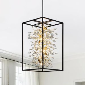 Vezzio 26" Crystal Chandelier for for High Ceiling Entryway 6 Light Black Gold Modern Pendant Lights for Hallway & Kitchen Island Hanging Cage Crystal Light Fixture for Entrance Staircases